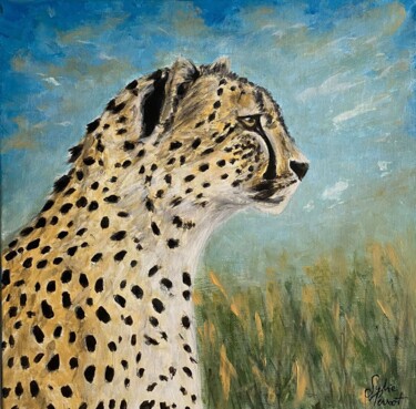 Painting titled "Sage guépard" by Sylvie Perrot, Original Artwork, Acrylic Mounted on Wood Stretcher frame