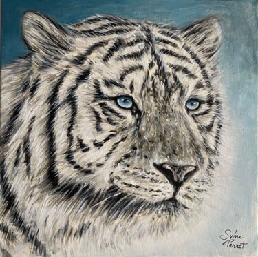 Painting titled "WHITE TIGER" by Sylvie Perrot, Original Artwork, Acrylic Mounted on Wood Stretcher frame