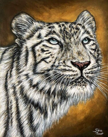 Painting titled "DIVINE WHITE TIGER" by Sylvie Perrot, Original Artwork, Acrylic Mounted on Wood Stretcher frame