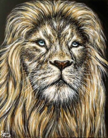 Painting titled "DIVINE WHITE LION" by Sylvie Perrot, Original Artwork, Acrylic Mounted on Wood Stretcher frame