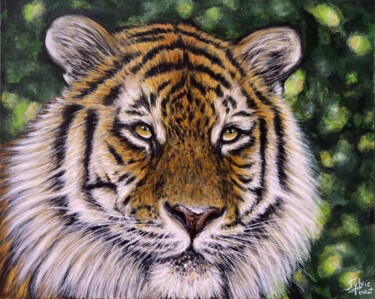 Painting titled "TIGER IN THE LIGHT" by Sylvie Perrot, Original Artwork, Acrylic Mounted on Wood Stretcher frame