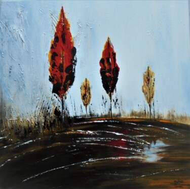Painting titled "paysage aux 4 arbres" by Sylvie Pinon, Original Artwork, Acrylic Mounted on Wood Stretcher frame