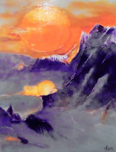 Painting titled "montagne soleil" by Sylvie Pinon, Original Artwork, Acrylic Mounted on Wood Stretcher frame