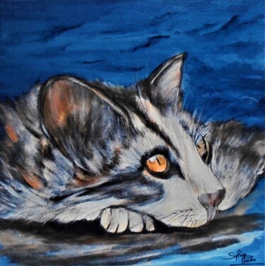 Painting titled "chat repos" by Sylvie Pinon, Original Artwork, Acrylic Mounted on Wood Stretcher frame
