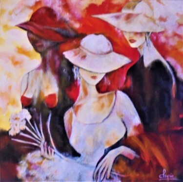 Painting titled "les 3 dames au chap…" by Sylvie Pinon, Original Artwork, Acrylic Mounted on Wood Stretcher frame