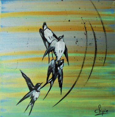 Картина под названием "vol d'hirondelles" - Sylvie Pinon, Подлинное произведение искусства, Акрил Установлен на Деревянная р…