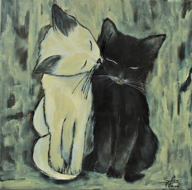 Painting titled "adorables chats" by Sylvie Pinon, Original Artwork, Acrylic Mounted on Wood Stretcher frame