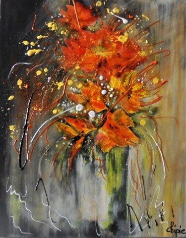 Malarstwo zatytułowany „bouquet orange et j…” autorstwa Sylvie Pinon, Oryginalna praca, Akryl Zamontowany na Drewniana rama…