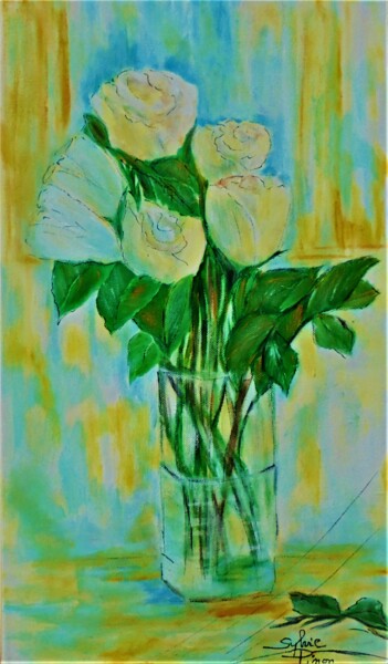 Painting titled "vase aux roses" by Sylvie Pinon, Original Artwork, Acrylic Mounted on Wood Stretcher frame