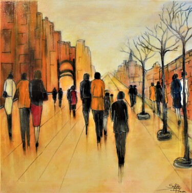 Painting titled "promenade citadine" by Sylvie Pinon, Original Artwork, Acrylic Mounted on Wood Stretcher frame