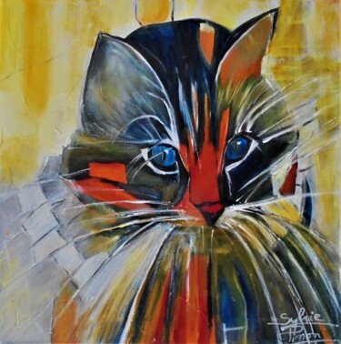 Painting titled "chat pop" by Sylvie Pinon, Original Artwork, Acrylic Mounted on Wood Stretcher frame