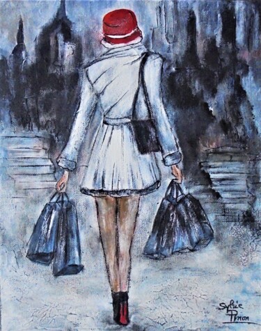 Painting titled "les courses en ville" by Sylvie Pinon, Original Artwork, Acrylic Mounted on Wood Stretcher frame