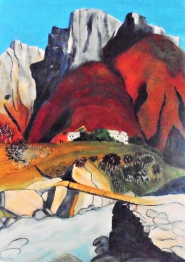 제목이 "paysage naïf 4"인 미술작품 Sylvie Pinon로, 원작, 아크릴 나무 들것 프레임에 장착됨
