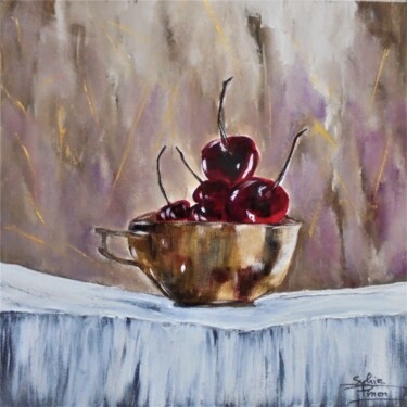 Painting titled "tasse or avec ceris…" by Sylvie Pinon, Original Artwork, Acrylic Mounted on Wood Stretcher frame