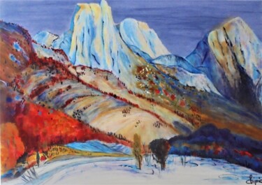 Painting titled "paysage naïf 3" by Sylvie Pinon, Original Artwork, Acrylic Mounted on Wood Stretcher frame