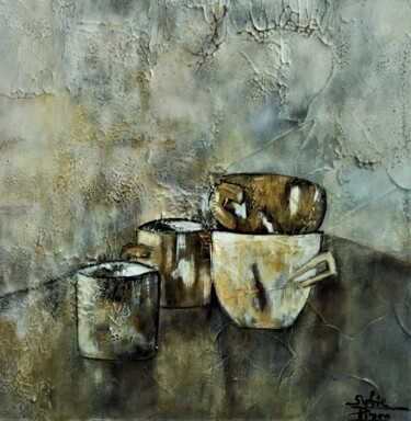 Pintura titulada "tasses et pot" por Sylvie Pinon, Obra de arte original, Acrílico Montado en Bastidor de camilla de madera