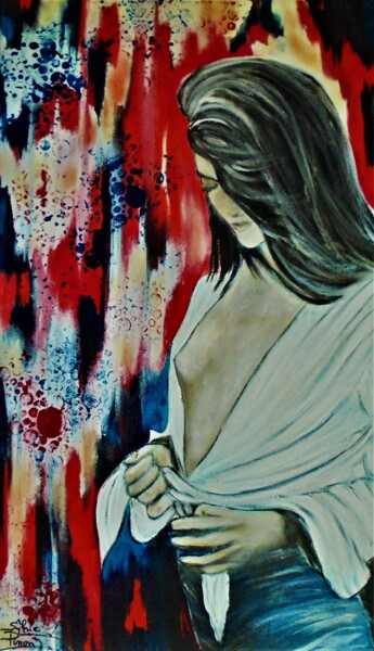 Pittura intitolato "femme sur fond colo…" da Sylvie Pinon, Opera d'arte originale, Acrilico Montato su Telaio per barella in…