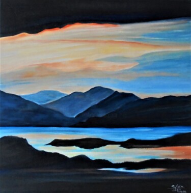 Painting titled "un lac et des monta…" by Sylvie Pinon, Original Artwork, Acrylic Mounted on Wood Stretcher frame