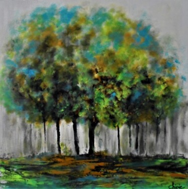 Painting titled "arbres doux" by Sylvie Pinon, Original Artwork, Acrylic Mounted on Wood Stretcher frame