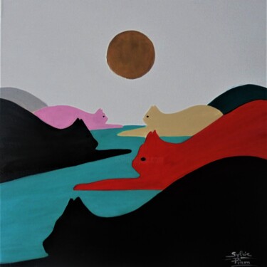 제목이 "collines aux chats"인 미술작품 Sylvie Pinon로, 원작, 아크릴 나무 들것 프레임에 장착됨