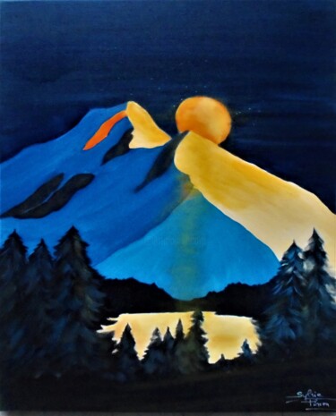 Pintura intitulada "lune jaune sur la m…" por Sylvie Pinon, Obras de arte originais, Acrílico Montado em Armação em madeira