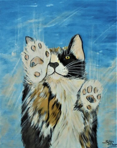 Painting titled "chat derrière la vi…" by Sylvie Pinon, Original Artwork, Acrylic Mounted on Wood Stretcher frame