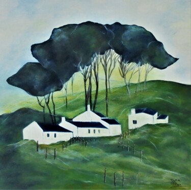 Картина под названием "maisons sur la coll…" - Sylvie Pinon, Подлинное произведение искусства, Акрил Установлен на Деревянна…