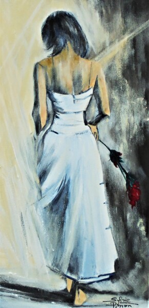 Painting titled "dame à la rose" by Sylvie Pinon, Original Artwork, Acrylic Mounted on Wood Stretcher frame