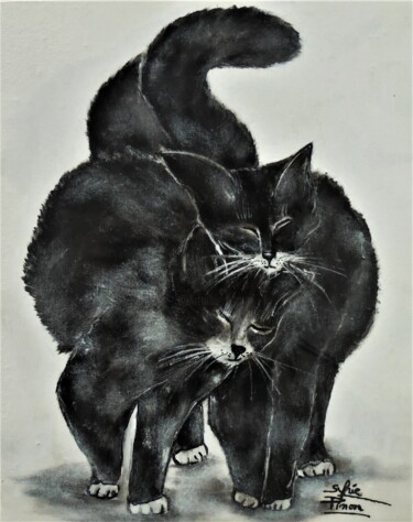 Painting titled "les chats'moureux" by Sylvie Pinon, Original Artwork, Acrylic Mounted on Cardboard