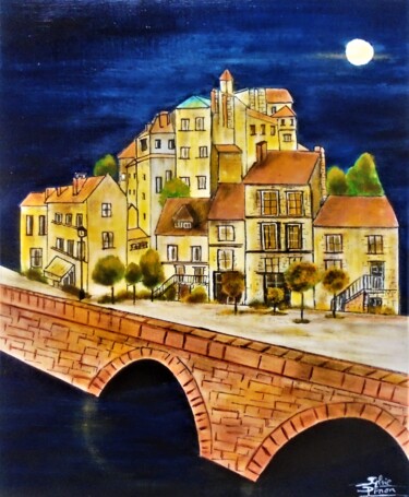 Painting titled "village sur le pont" by Sylvie Pinon, Original Artwork, Acrylic Mounted on Wood Stretcher frame