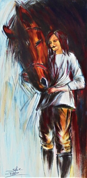 Painting titled "femme avec le cheval" by Sylvie Pinon, Original Artwork, Acrylic Mounted on Wood Stretcher frame