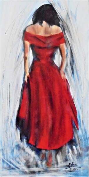 Painting titled "femme en robe rouge" by Sylvie Pinon, Original Artwork, Acrylic Mounted on Wood Stretcher frame