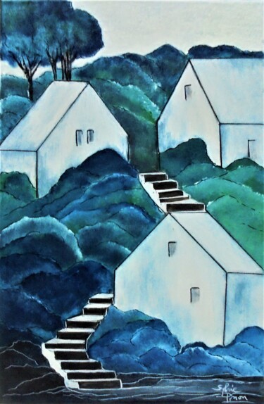 Painting titled "maisons perchées" by Sylvie Pinon, Original Artwork, Acrylic Mounted on Wood Stretcher frame