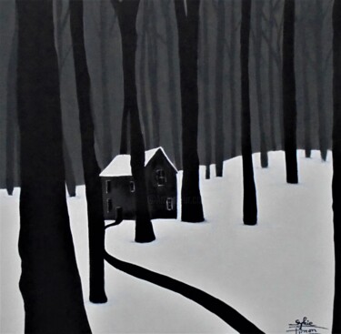 Painting titled "maison dans la forê…" by Sylvie Pinon, Original Artwork, Acrylic Mounted on Wood Stretcher frame