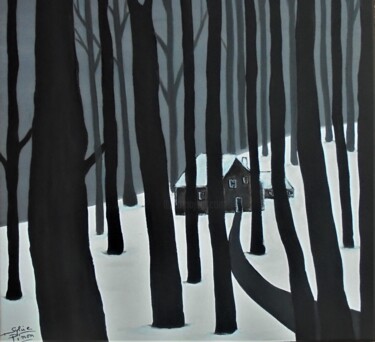 Malerei mit dem Titel "maisons dans la for…" von Sylvie Pinon, Original-Kunstwerk, Acryl Auf Keilrahmen aus Holz montiert