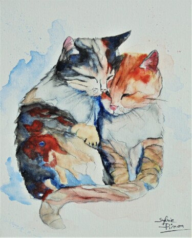 Painting titled "les 2 chats couleur" by Sylvie Pinon, Original Artwork, Watercolor