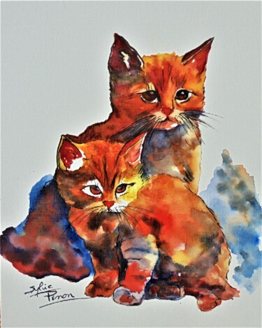 Pintura intitulada "les 2 chats colorés" por Sylvie Pinon, Obras de arte originais, Aquarela