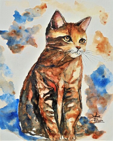 Painting titled "le chat couleur" by Sylvie Pinon, Original Artwork, Watercolor Mounted on Cardboard