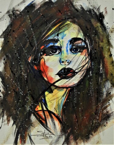 Painting titled "anonyme féminin col…" by Sylvie Pinon, Original Artwork, Watercolor