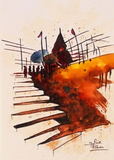 Pintura titulada "en haut" por Sylvie Pinon, Obra de arte original, Acuarela