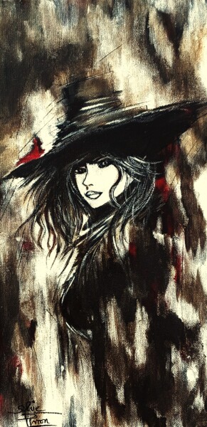 Painting titled "femme au chapeau" by Sylvie Pinon, Original Artwork, Acrylic Mounted on Wood Stretcher frame