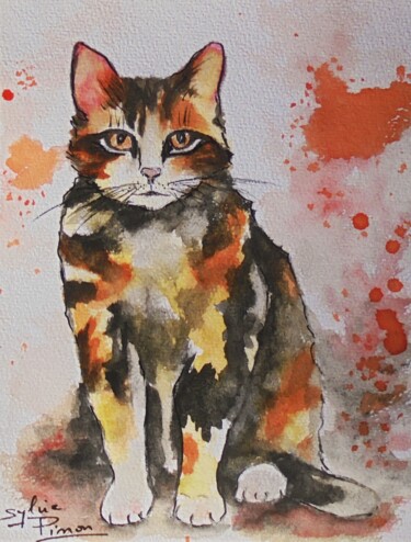 Pintura titulada "chat tricolore" por Sylvie Pinon, Obra de arte original, Acuarela