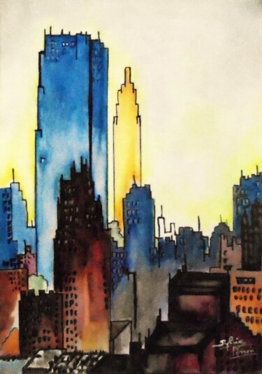 Картина под названием "buildings" - Sylvie Pinon, Подлинное произведение искусства, Акварель
