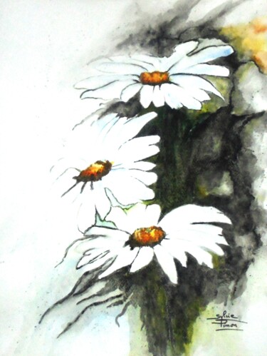 Painting titled "marguerites" by Sylvie Pinon, Original Artwork, Watercolor