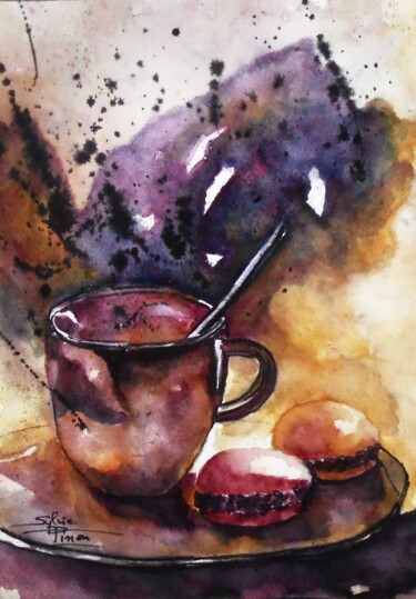 Schilderij getiteld "tasse et macarons" door Sylvie Pinon, Origineel Kunstwerk, Aquarel