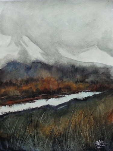 Painting titled "montagnes en automne" by Sylvie Pinon, Original Artwork, Watercolor