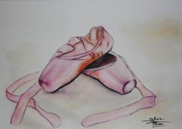 Painting titled "les chaussons roses" by Sylvie Pinon, Original Artwork, Watercolor
