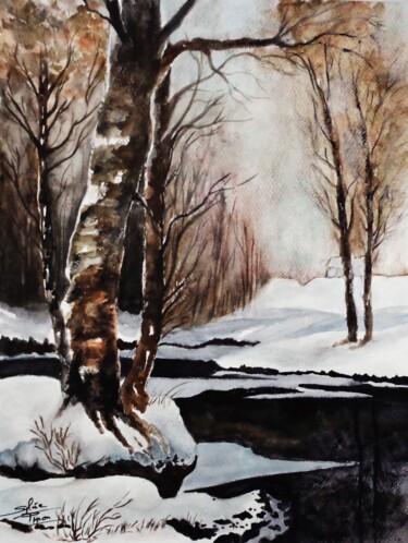 Pintura intitulada "hiver" por Sylvie Pinon, Obras de arte originais, Aquarela
