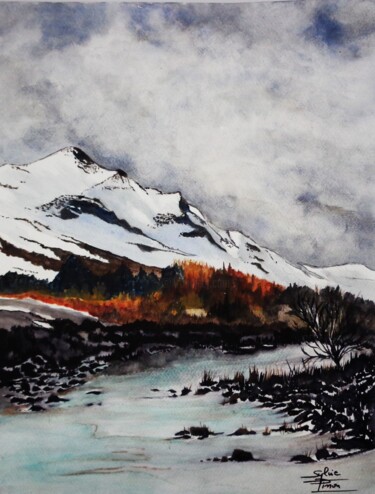Painting titled "montagnes et lac" by Sylvie Pinon, Original Artwork, Watercolor