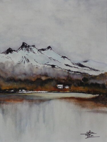 Pintura intitulada "lac au pied des mon…" por Sylvie Pinon, Obras de arte originais, Aquarela